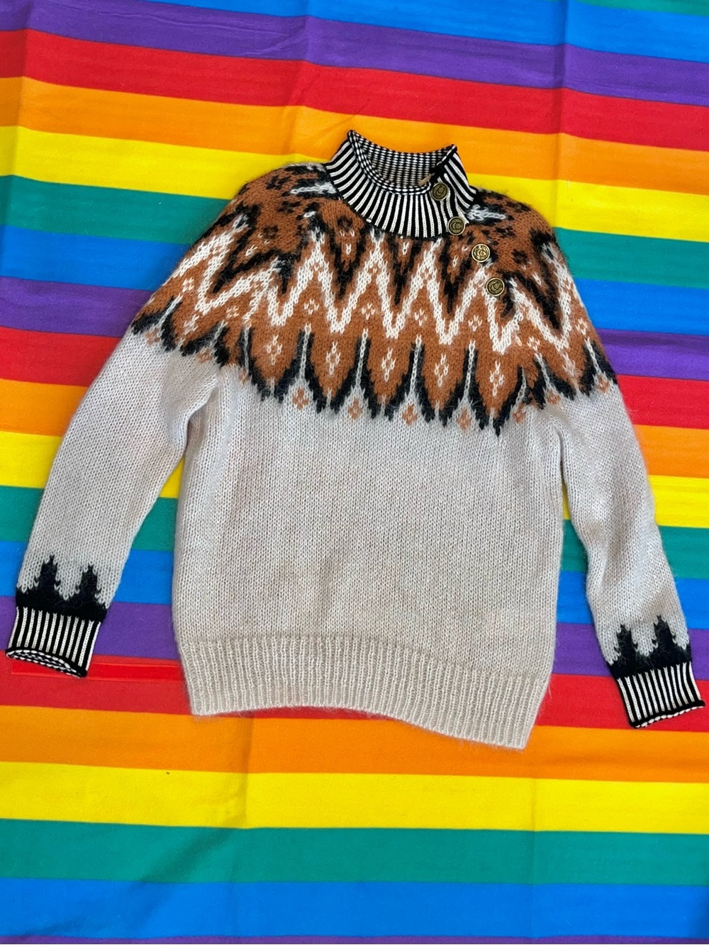 Coach Fair Isle Soft Nordic Crewneck Sweater Cream, Black, Brown, Brass Buttons